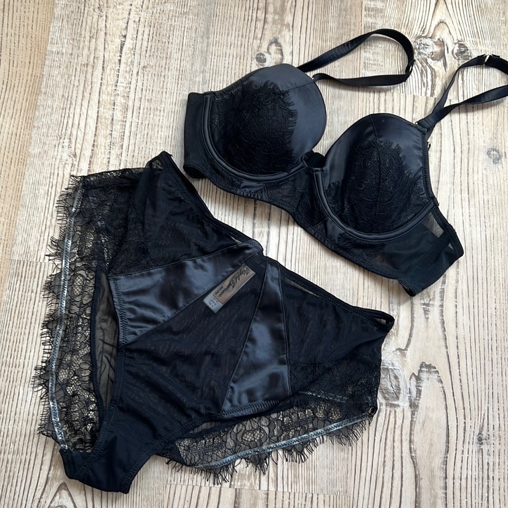 Playful Promises Black Lace & Satin Lingerie Set - High Waist Panty Pinup 34C